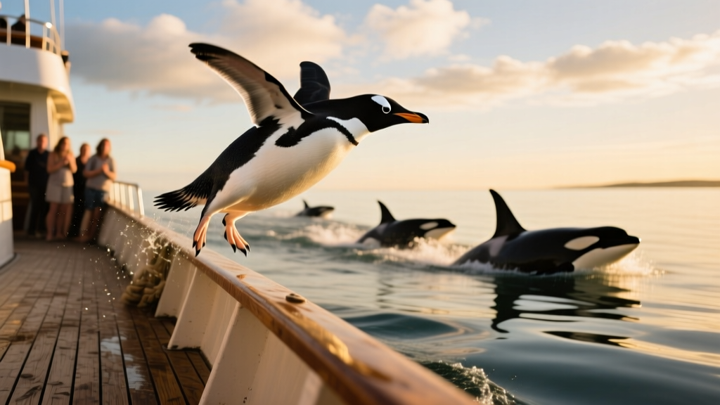 Penguin Jumps on Tourist Boat to Narrowly Escape Pod of Orcas