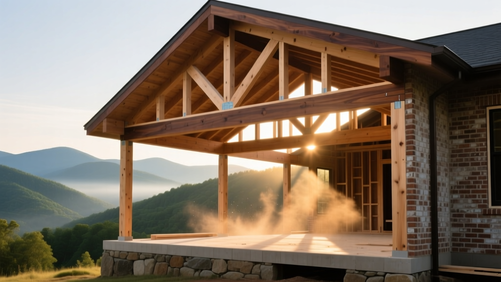 Modern craftsman home under construction in North Carolina with exposed timber framing, brick veneer, and Blue Ridge mountain backdrop.