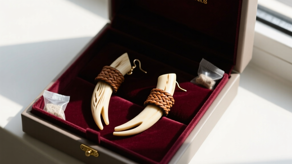 Carved bone and leather cord Rick Owens earrings stored inside a velvet-lined jewelry box with anti-tarnish silica gel packets.