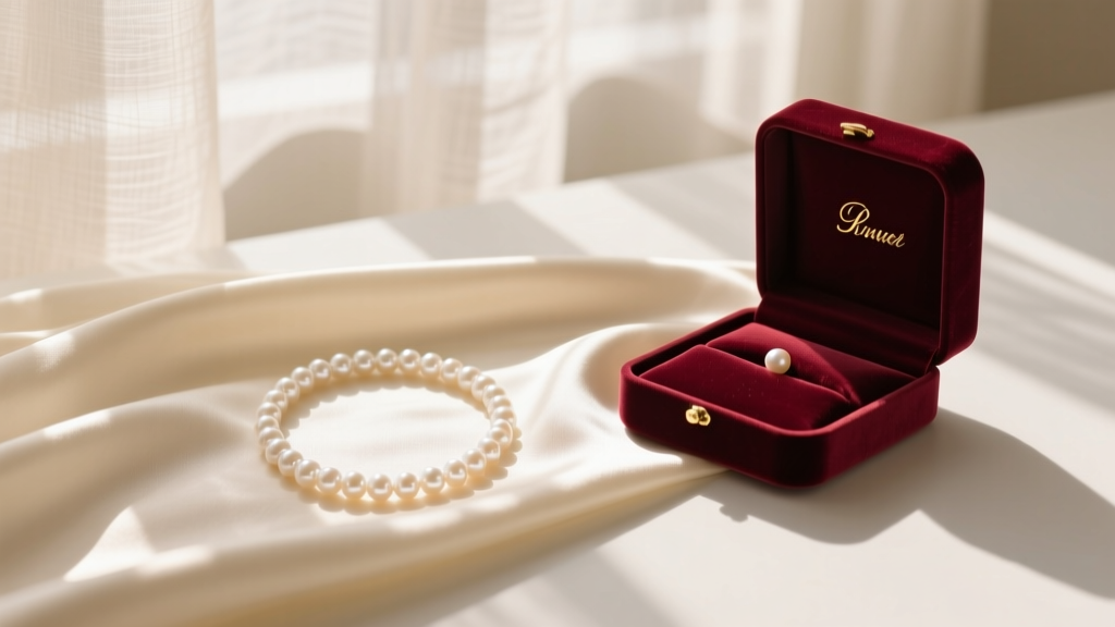 Flat lay of a classic glass pearl strand necklace on cream silk next to a velvet gift box, bathed in soft morning window light