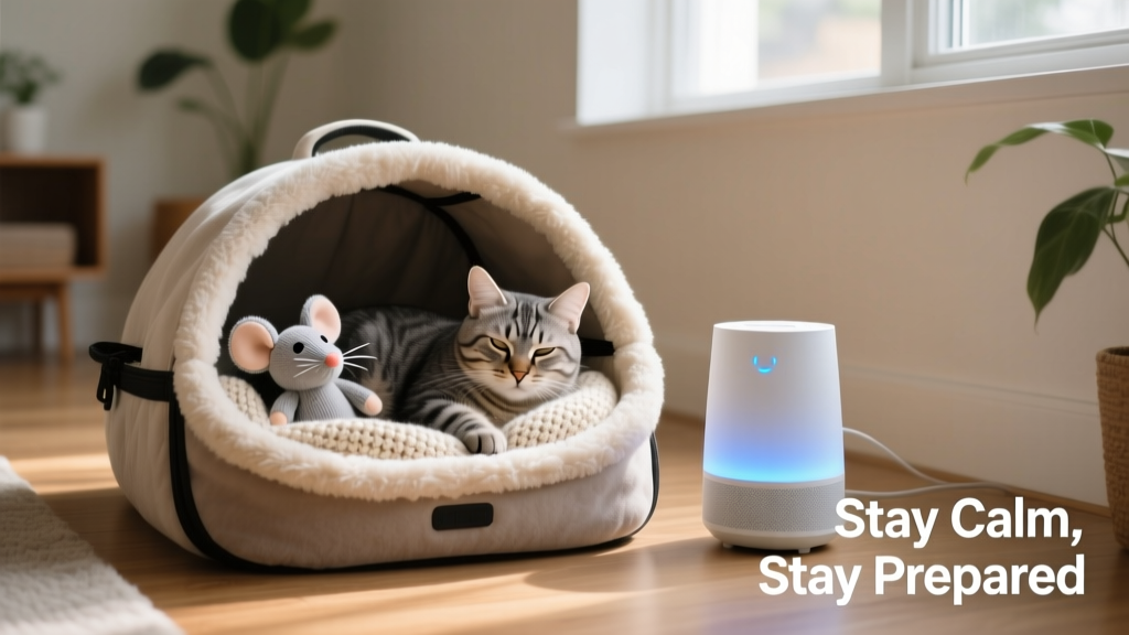 A cat resting calmly inside a cozy carrier with a soft blanket and favorite toy, placed beside a quiet white noise machine