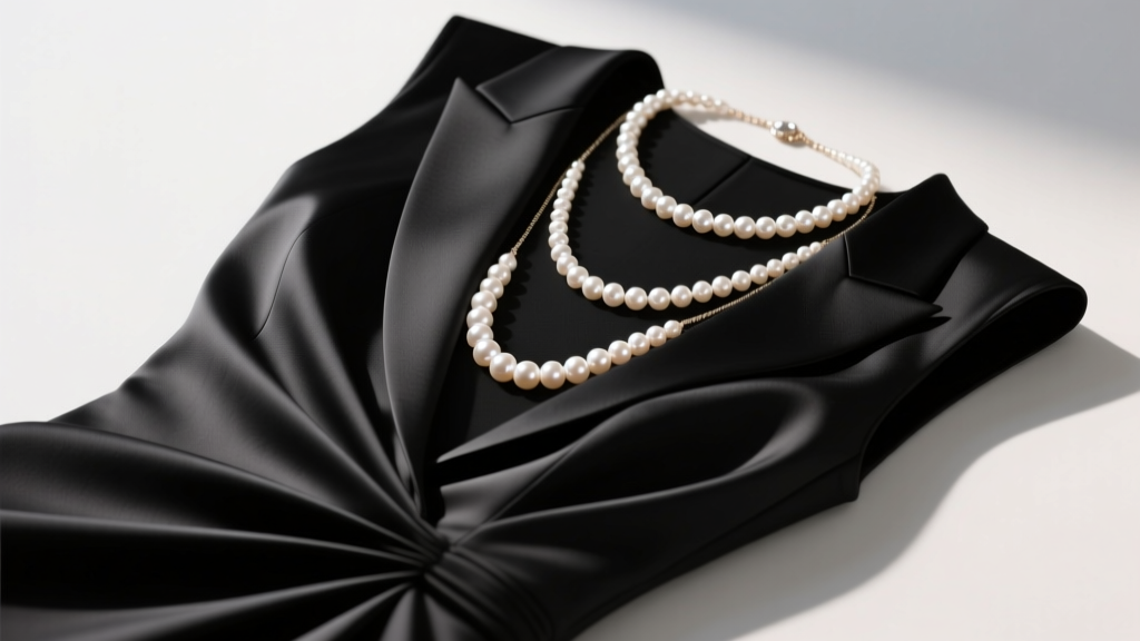 Flat lay of three pearl necklaces of varying lengths, a choker, princess, and matinee, draped over a folded black cocktail dress