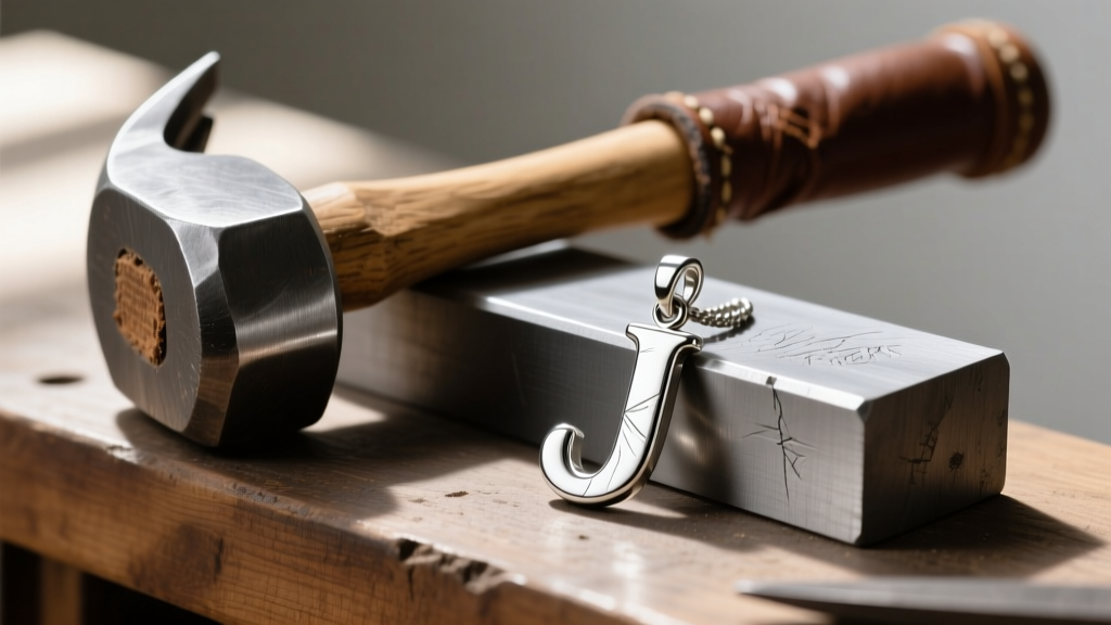 Rawhide mallet and steel bench block next to a slightly bent silver J letter pendant, illustrating the metal reshaping process