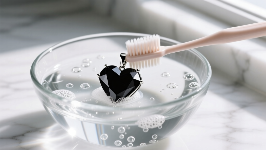 Soft-bristled toothbrush gently scrubbing a black diamond heart pendant submerged in a glass bowl of soapy distilled water.