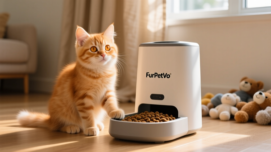 A calm kitten sitting beside a FurPetVo-branded interactive feeder filled with kibble, looking curious but relaxed