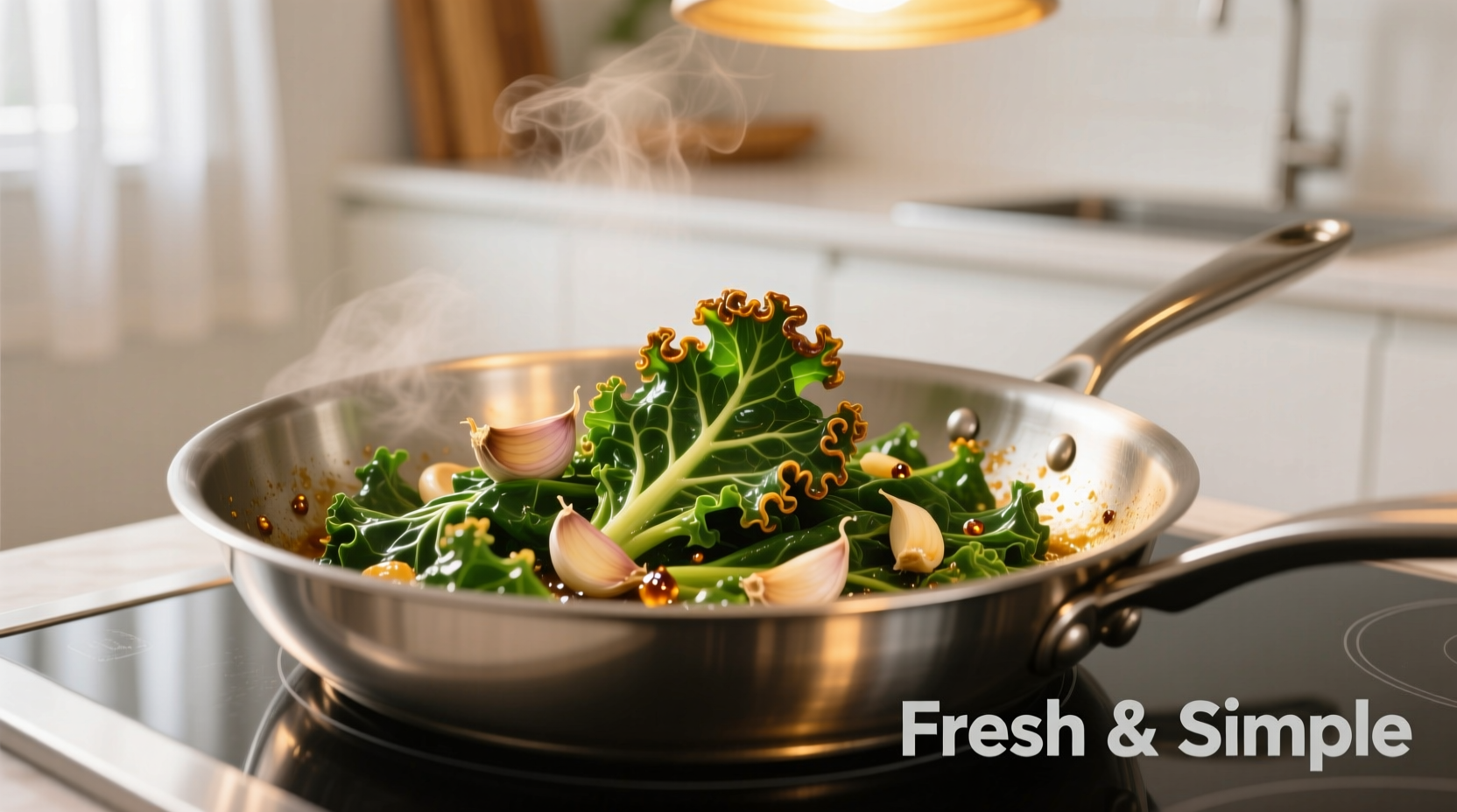 Fresh kale sautéed with garlic in stainless steel skillet