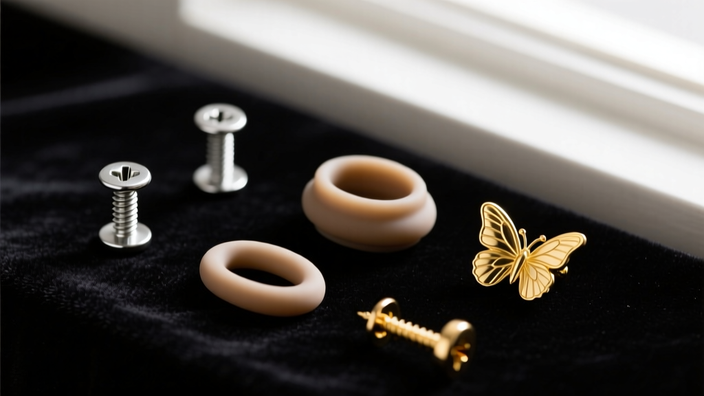 Macro photo of titanium screw backs, silicone clutches, and gold butterfly earring backings on dark velvet under soft lighting.