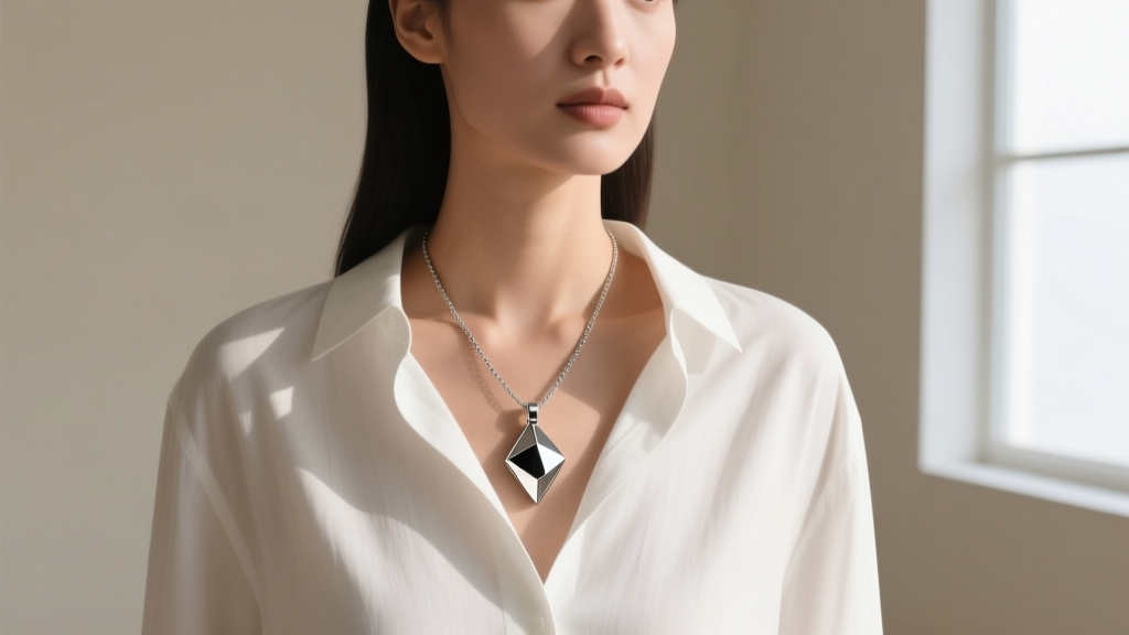 Woman wearing a stainless steel lava stone diffuser pendant on a 28-inch chain resting at her sternum over a white linen shirt.