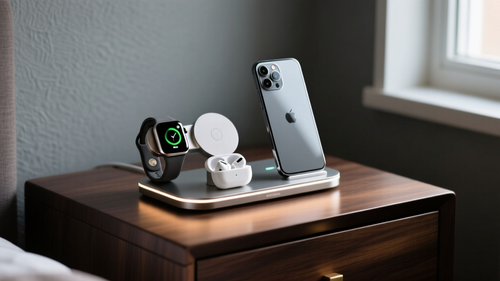 A sleek 3-in-1 magnetic wireless charging dock illuminating a dark nightstand, holding a smartwatch, earbuds, and a smartphone.