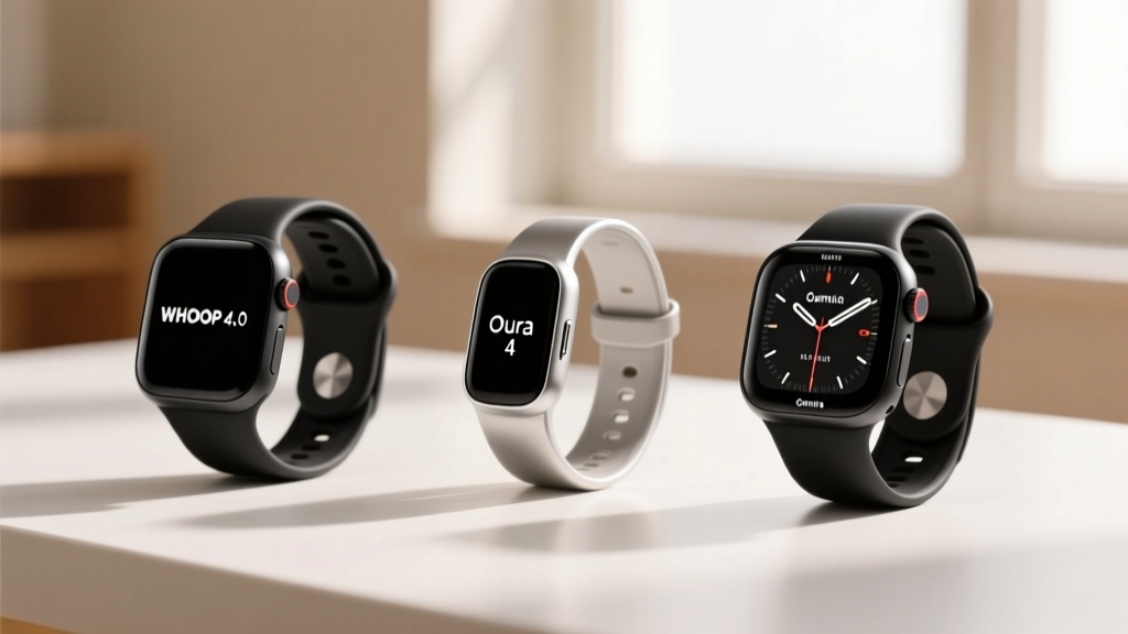 Side-by-side thickness comparison of the WHOOP 4.0, Oura Ring 4, and Garmin Venu 3S for women in 2026