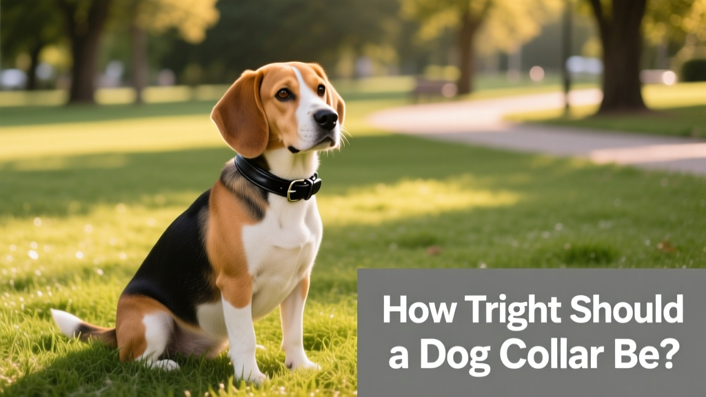 Beagle wearing a black collar while sitting calmly in a grassy park