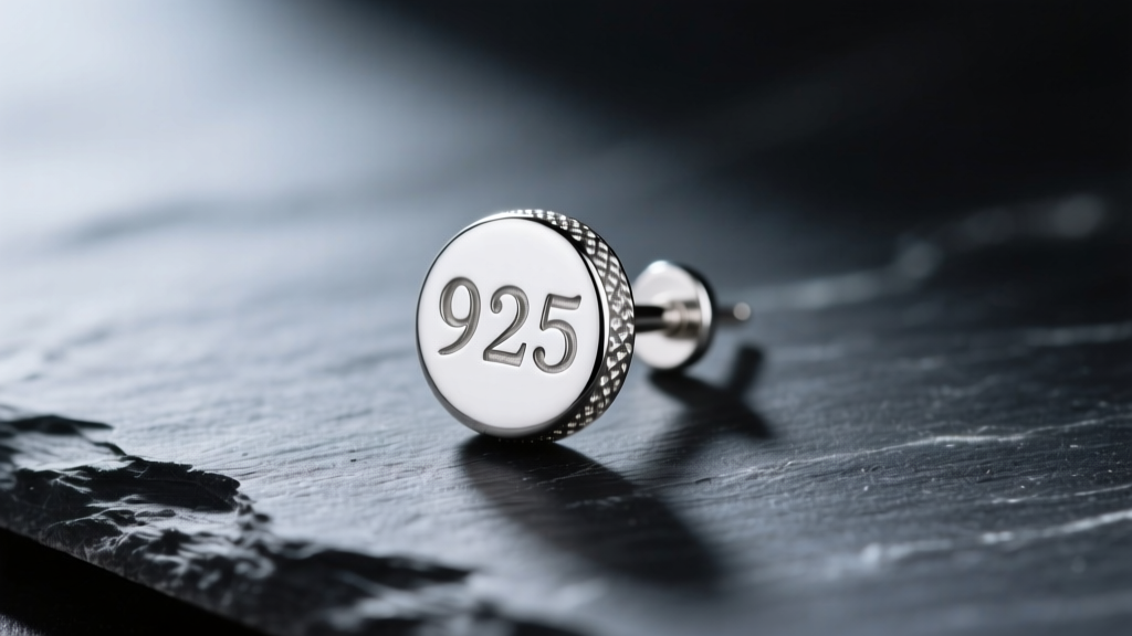 Macro shot of a 925 stamp engraved on a polished sterling silver earring post, resting on dark slate with soft directional lighting.