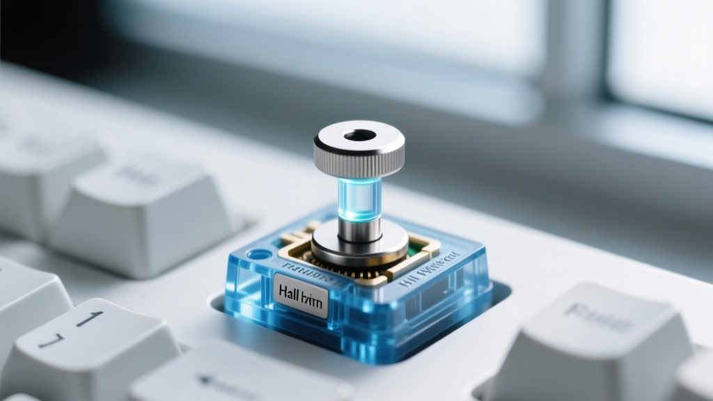 Close-up macro shot of Hall Effect magnetic keyboard switch with visible neodymium magnet inside transparent polycarbonate stem