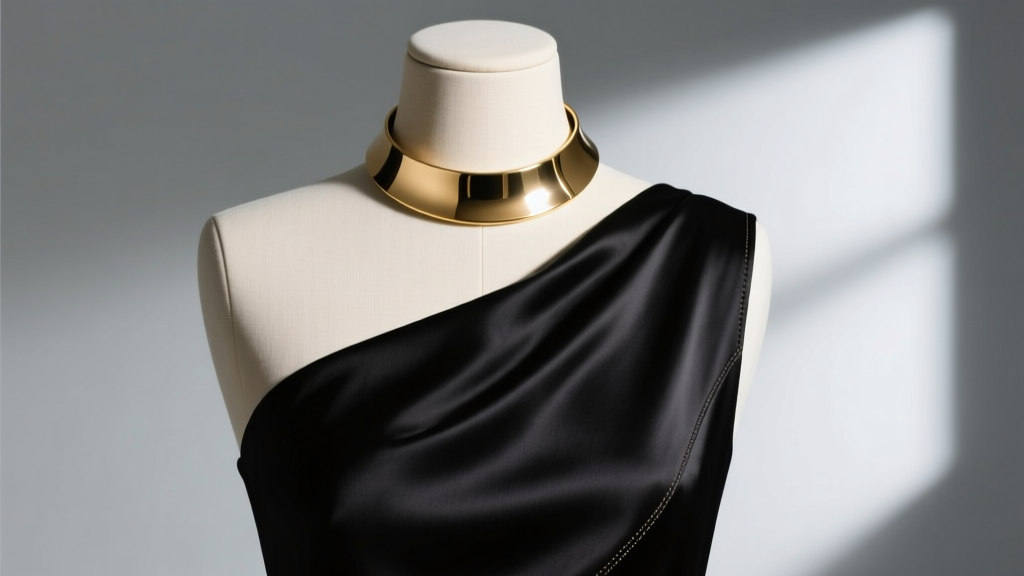 Gold collar necklace on a mannequin in a black silk one-shoulder dress, soft lighting highlighting the polished metal surface