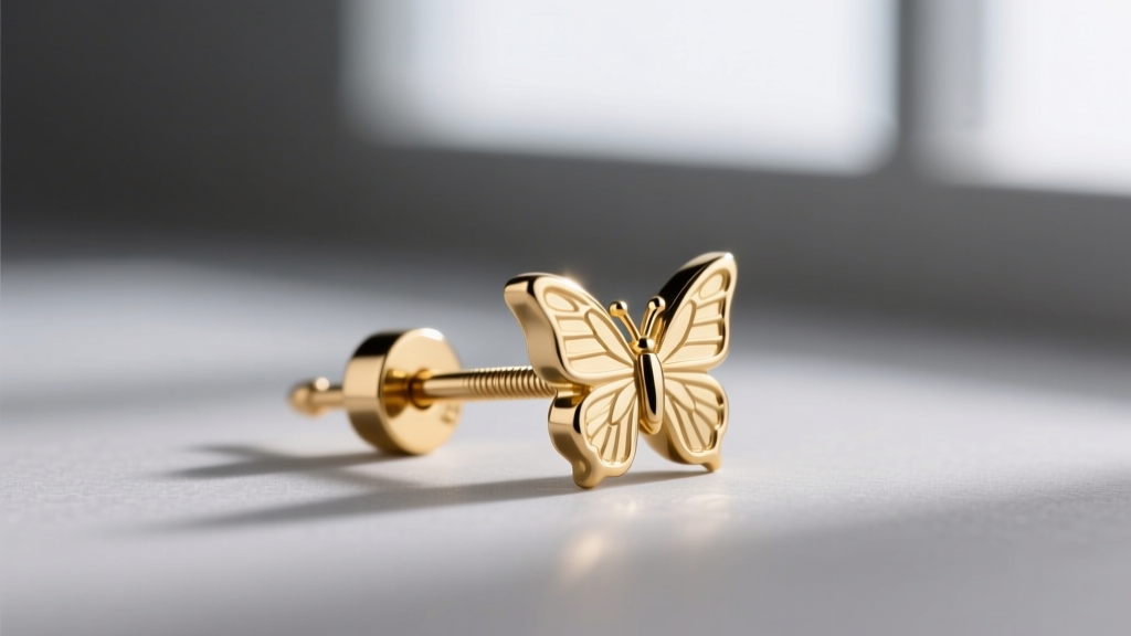 Close-up of 0.9mm 14k gold earring post with butterfly clutch, showing precise laser-welded joint and high-polish finish