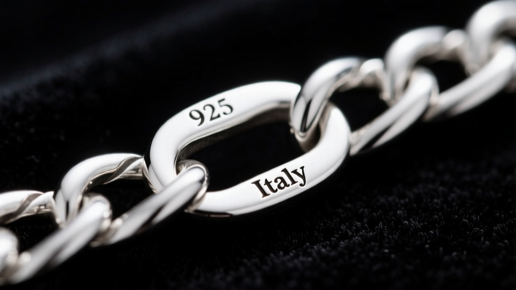 Macro photography of a genuine 925 Italy hallmark stamped on a polished sterling silver figaro chain link against dark velvet