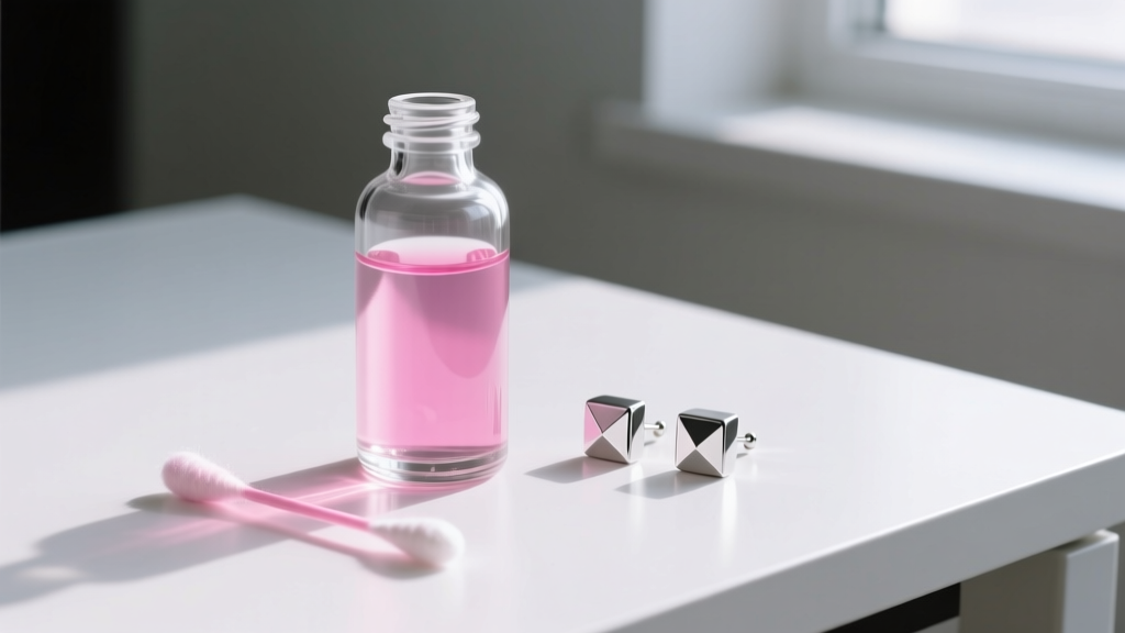 Glass bottle of nickel testing solution with a pink cotton swab resting beside silver-toned cubic earrings on a clean white desk.