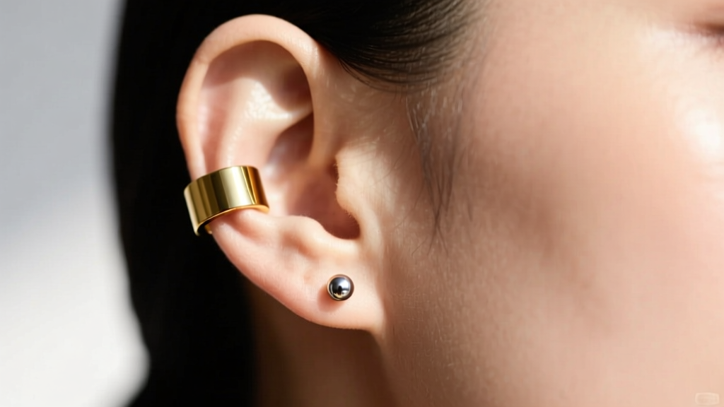 Side profile of a gold ear cuff on upper cartilage paired with a titanium lobe stud, photographed in bright natural daylight