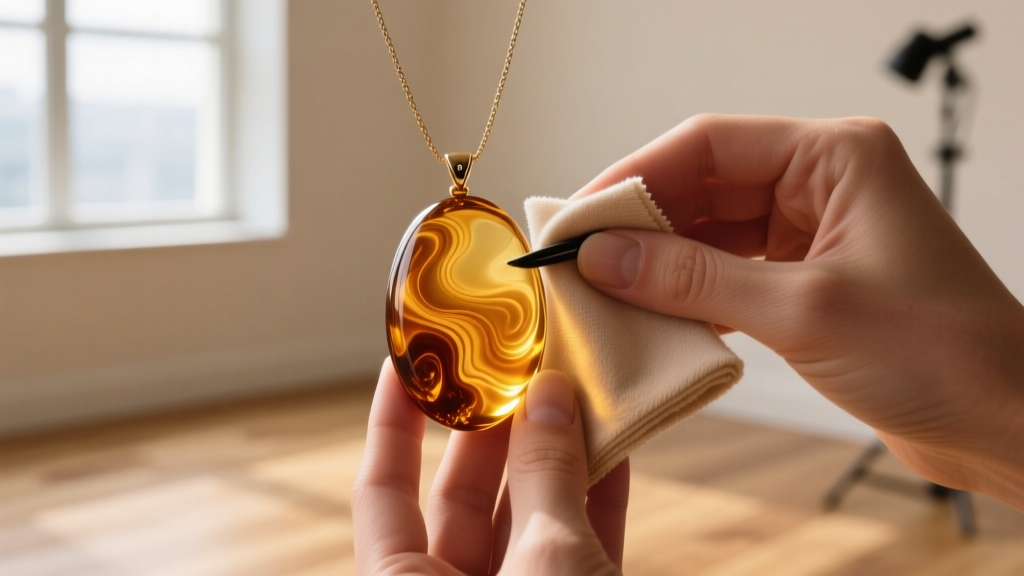 Hands gently polishing a cloudy amber pendant from a Freya necklace using a soft microfiber cloth and specialized resin polish.