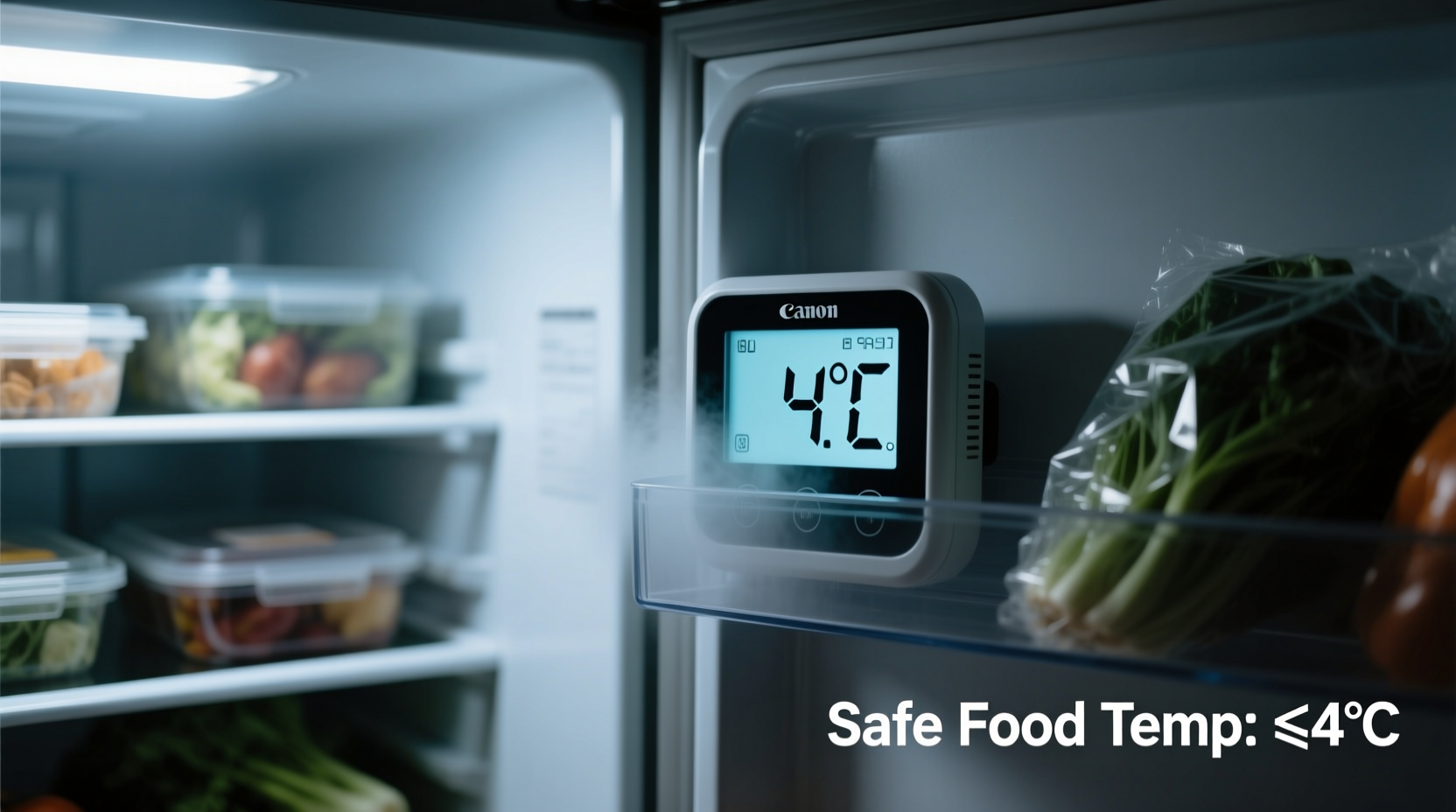 Refrigerator thermometer showing safe food temperature during power outage