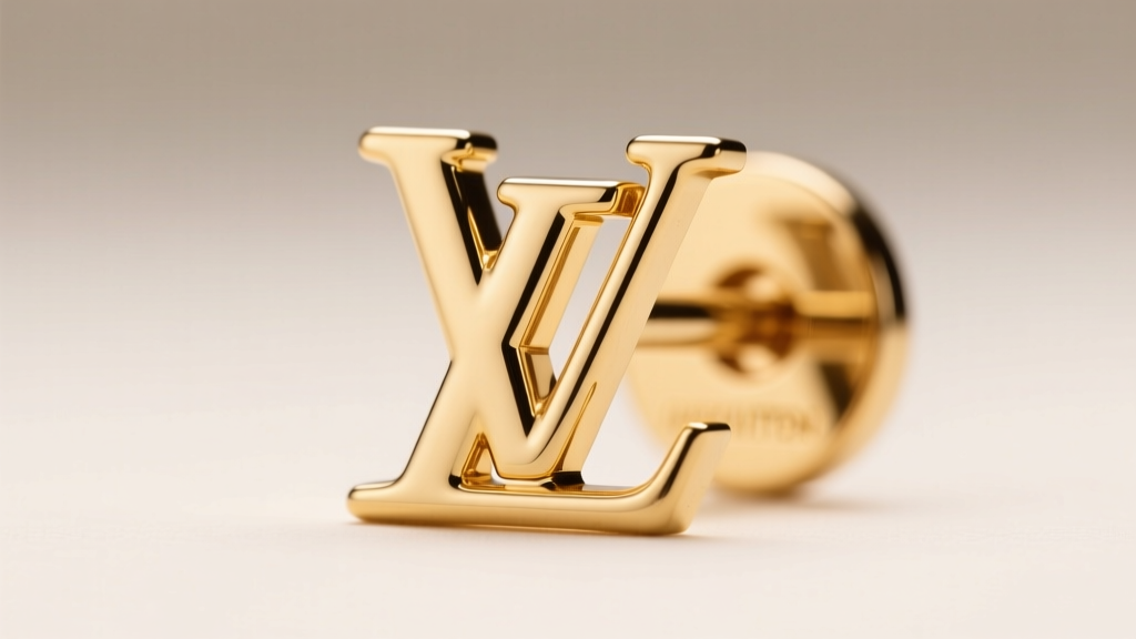 Macro shot of a genuine Louis Vuitton gold-tone earring clasp showing the deeply stamped LV logo under bright studio lighting