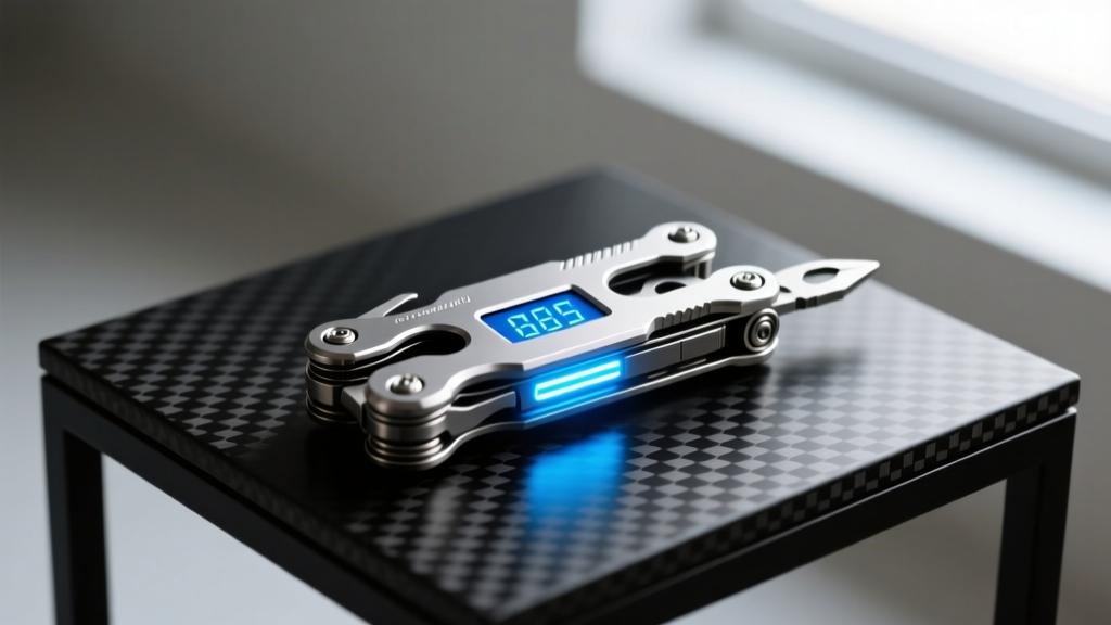 Close-up of a titanium smart multi-tool with a digital torque display glowing blue on a dark carbon fiber exhibition table