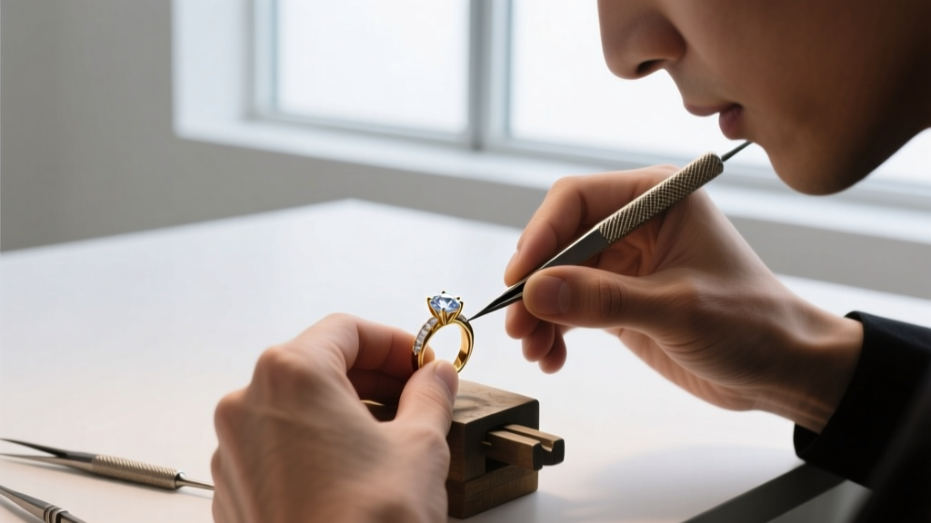 Jeweler's hands using nylon-jaw pliers to gently reshape a bent 14k gold Fibonacci spiral pendant over a soft leather bench block.