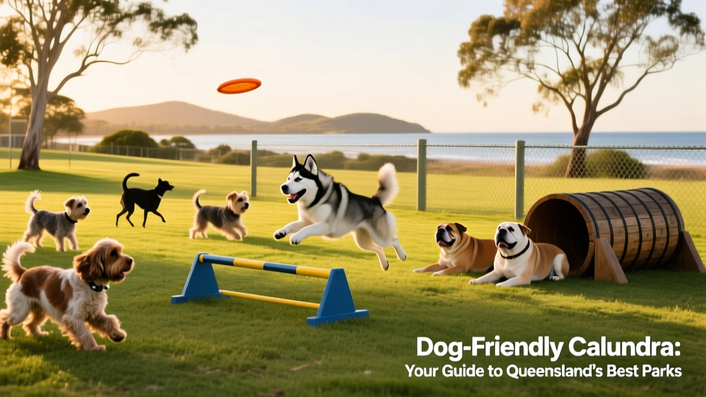 Dogs playing and socializing at a fenced dog park with agility equipment and open grassy areas