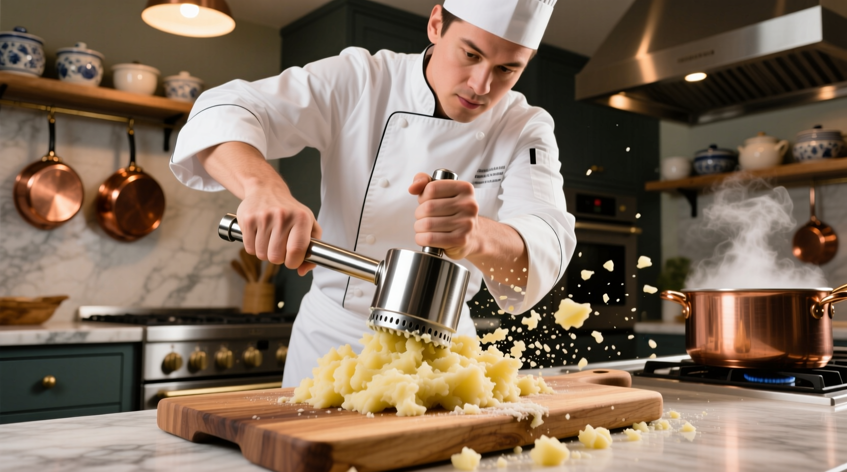 Professional chef using stainless steel potato smasher