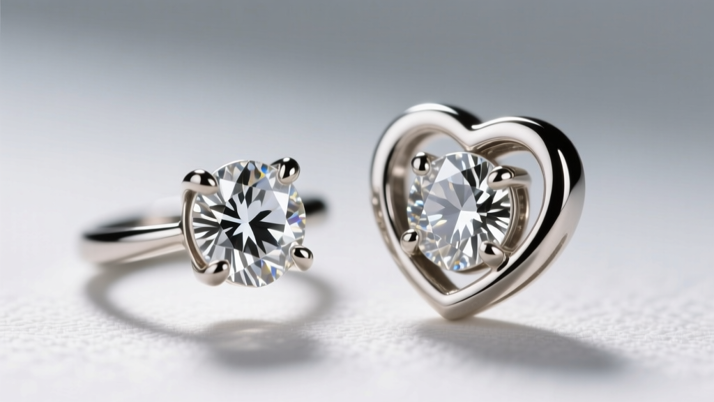 Macro shot comparing prong and bezel-set small diamond heart pendants, highlighting metal borders and bright light reflection.