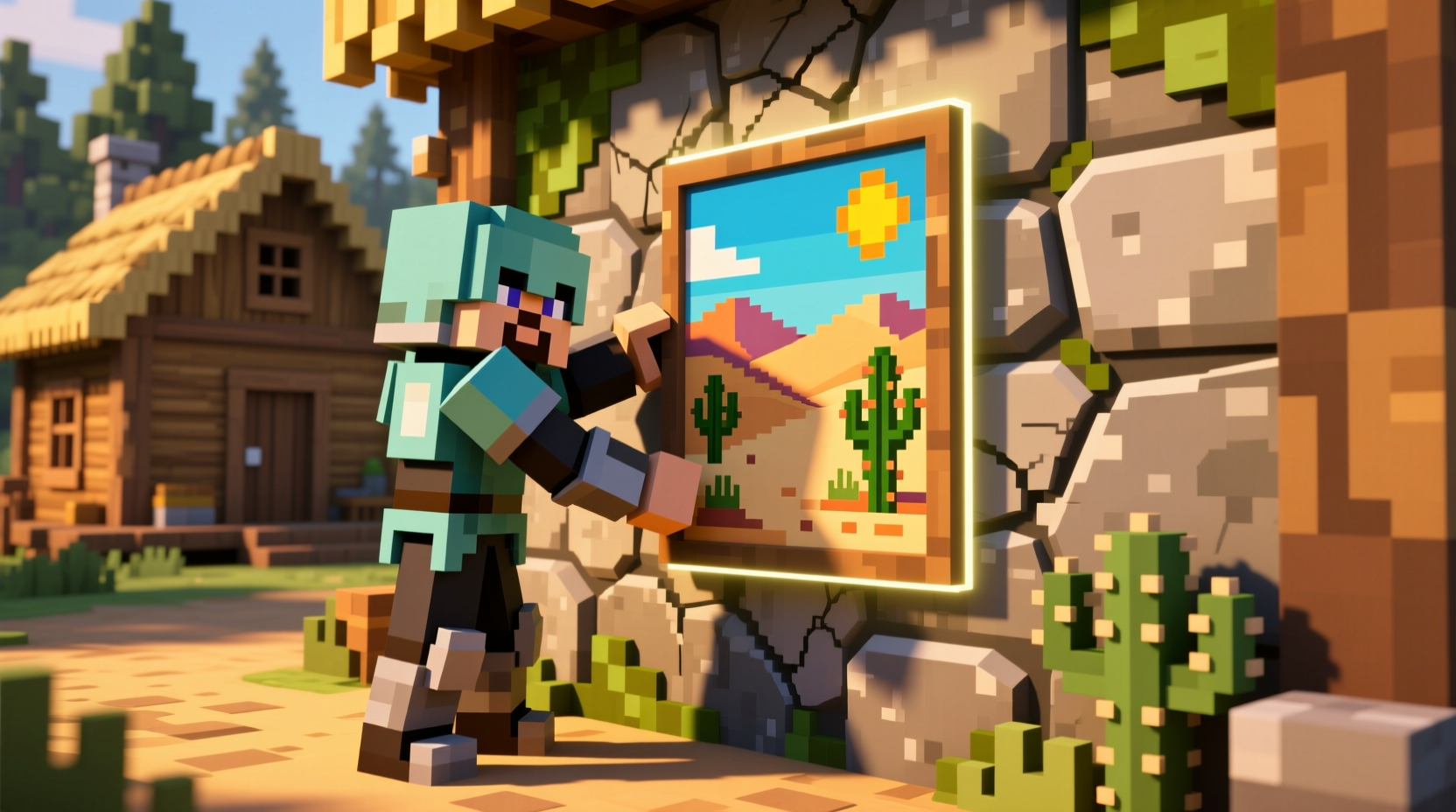 Minecraft player placing painting on stone wall