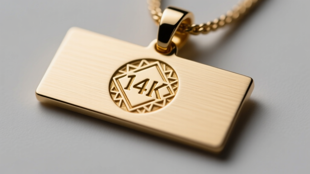 Macro shot of a 14K hallmark on a gold nameplate pendant back, showing brushed metal texture and precise laser engraving detail.
