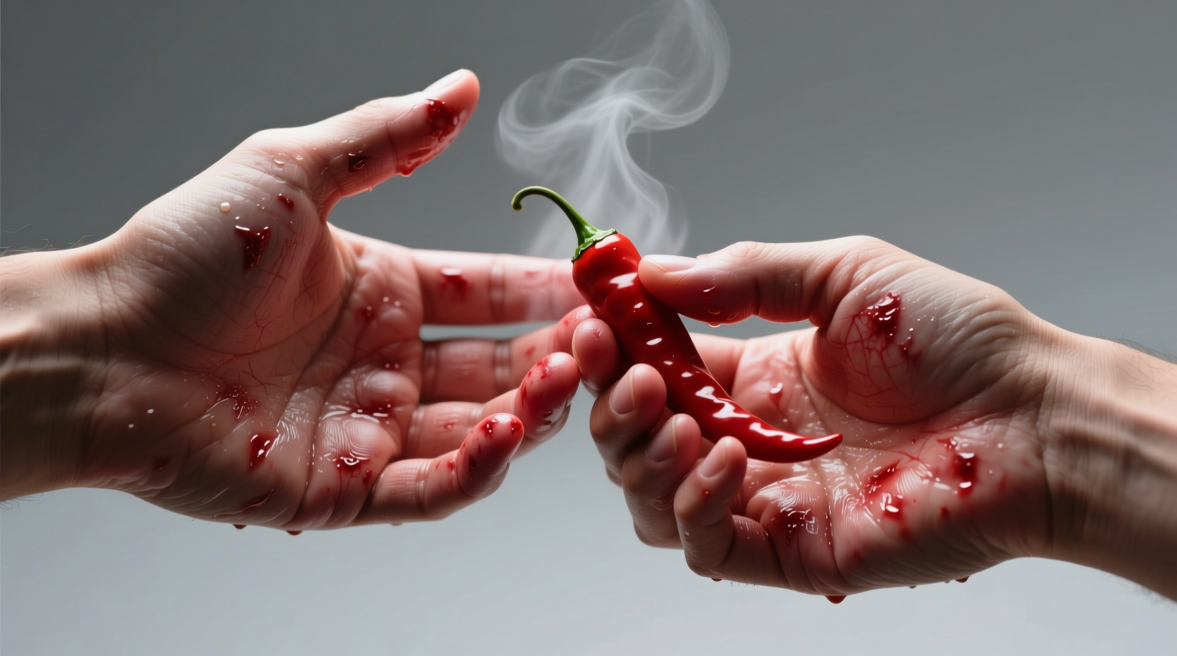 Chef applying yogurt to hands after handling red chili peppers, close-up showing relief