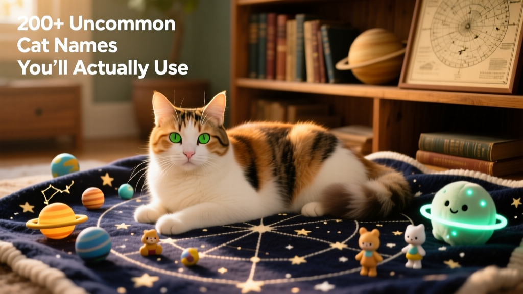 A fluffy calico cat resting peacefully on a star-chart blanket, surrounded by constellation-themed toys