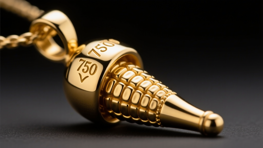 Loupe view examining the 750 hallmark and seamless solder joint on the gold cap of a handmade Italian 18k gold cornicello pendant.