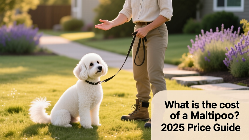 A well-groomed adult Maltipoo sitting attentively beside a trainer during an outdoor obedience session