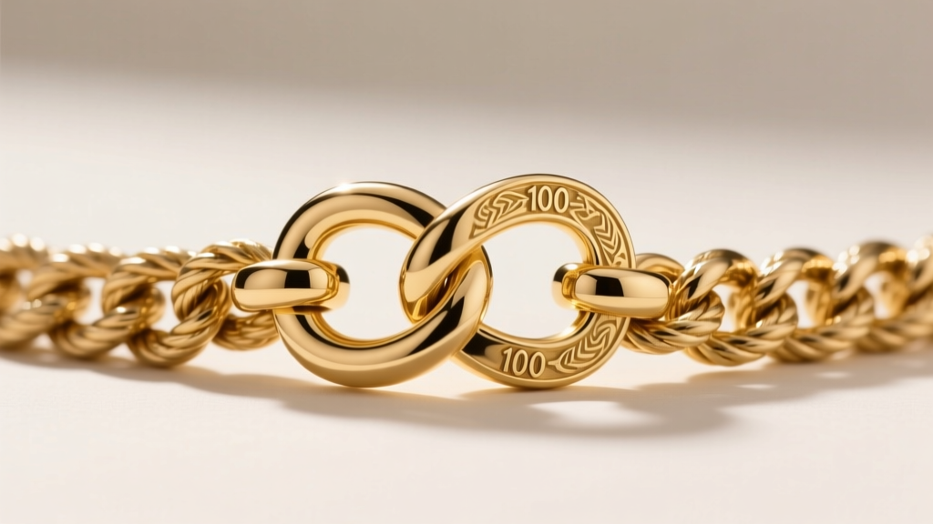 Close-up of a heavy-duty 18k gold box clasp with figure-8 safety catch securing a thick 100-gram rope chain on neutral backdrop.