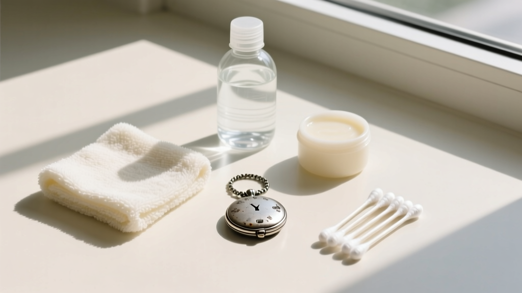 Flat lay of cleaning tools including microfiber cloth, distilled water, mild soap, and cotton swabs near an oxidized silver locket