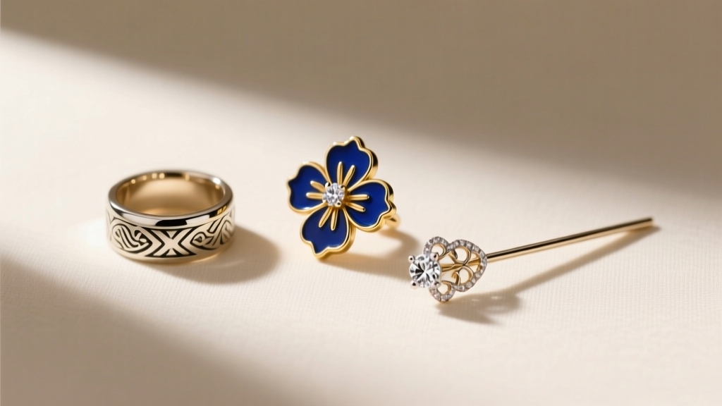 Flat lay of three petite regalia fine jewelry pieces: a tiny signet ring, a micro-enamel brooch, and a delicate diamond hair pin.