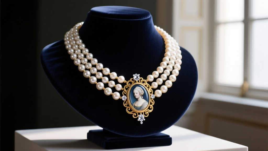 Elegant Marie Antoinette necklace with multi-strand Akoya pearls and a central diamond cameo resting on a dark velvet jewelry bust