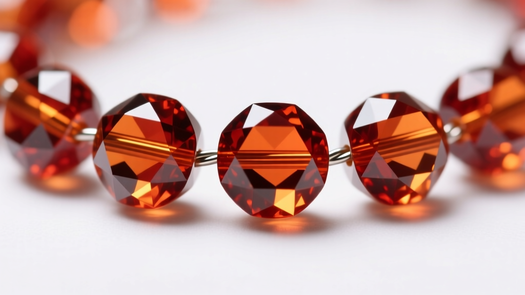 Macro shot of 8mm Madeira citrine beads showing deep reddish-orange hues and precise diamond-cut faceting strung on steel wire
