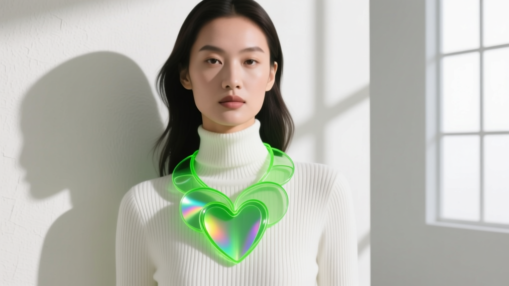 Fashion shot of a model wearing a layered neon green bioplastic heart necklace over a crisp white ribbed turtleneck sweater.