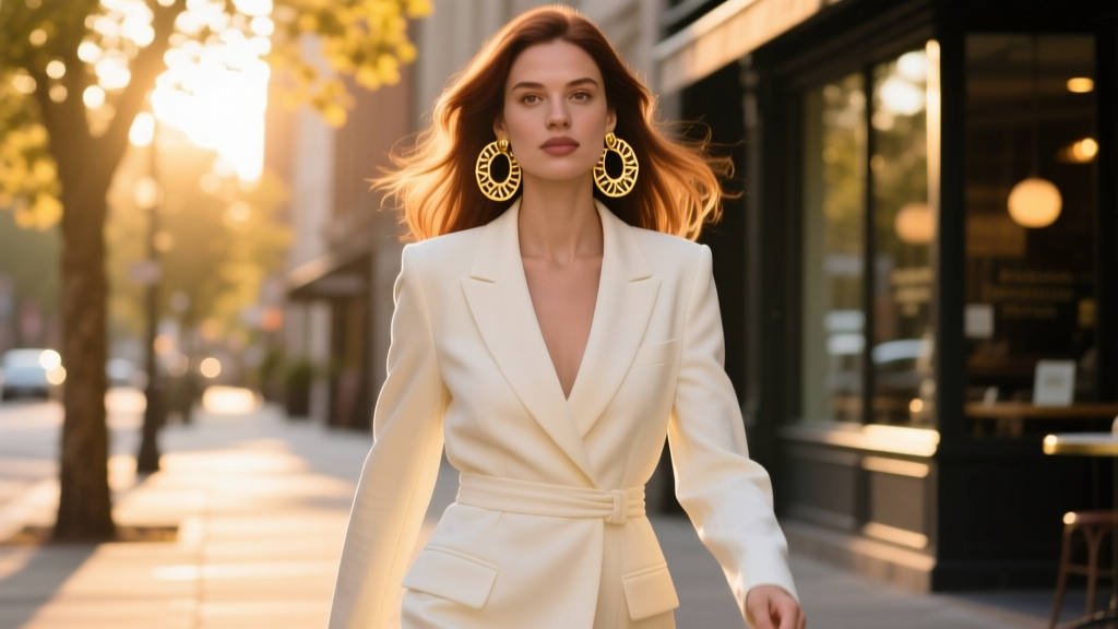 Street style photo of a woman in a tailored blazer wearing 80mm textured gold hoop earrings, captured in natural golden hour light