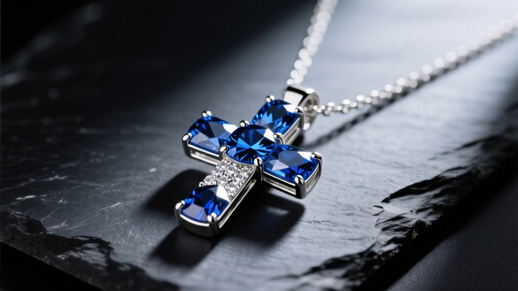 Platinum sapphire cross pendant necklace on dark slate, highlighting deep blue faceted gems and bright white metal.
