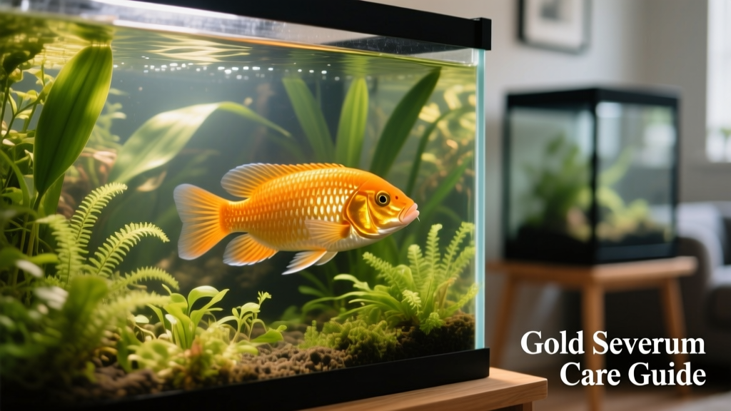 A vibrant adult Gold Severum swimming gracefully in a well-planted freshwater aquarium