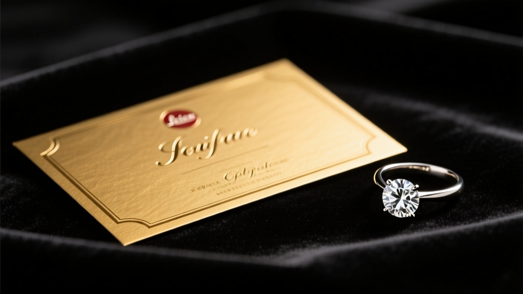 Gold foil jewelry gift certificate on dark velvet next to a sparkling diamond solitaire ring under soft, warm studio lighting.