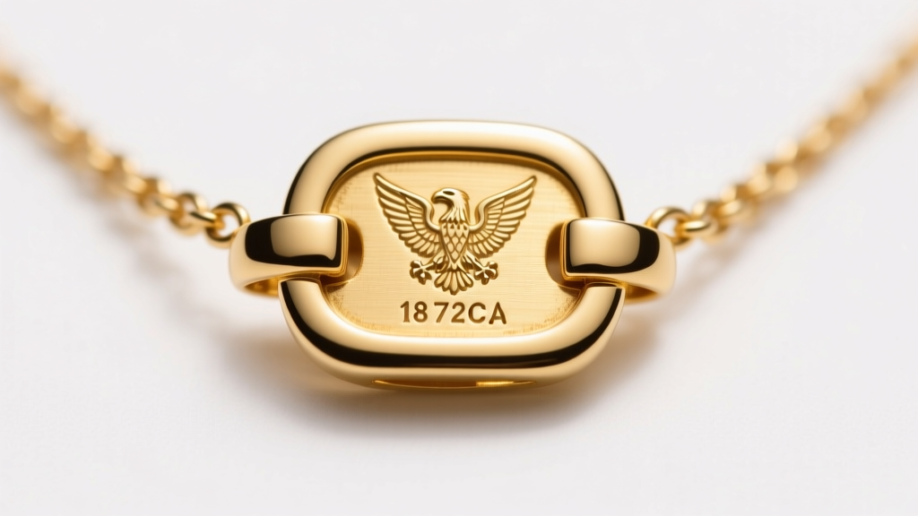 Macro shot of an 18k yellow gold VCA necklace clasp showing the French eagle hallmark and serial number on a white backdrop