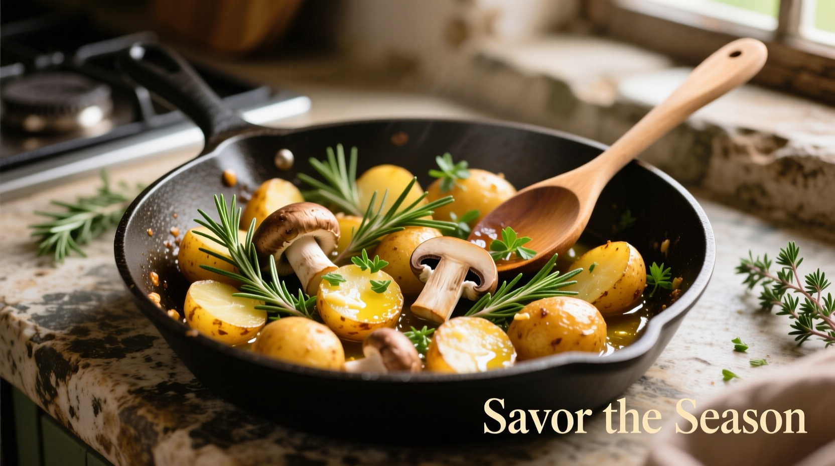 Golden mushroom and potato skillet with fresh herbs