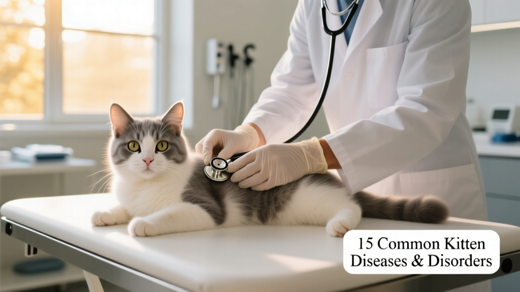 Kitten receiving a gentle wellness exam during a vet visit, with a stethoscope visible