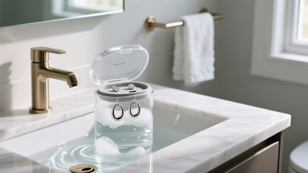 Sleek ultrasonic jewelry cleaner vibrating on modern bathroom vanity, with silver hoop earrings submerged in clear soapy water.